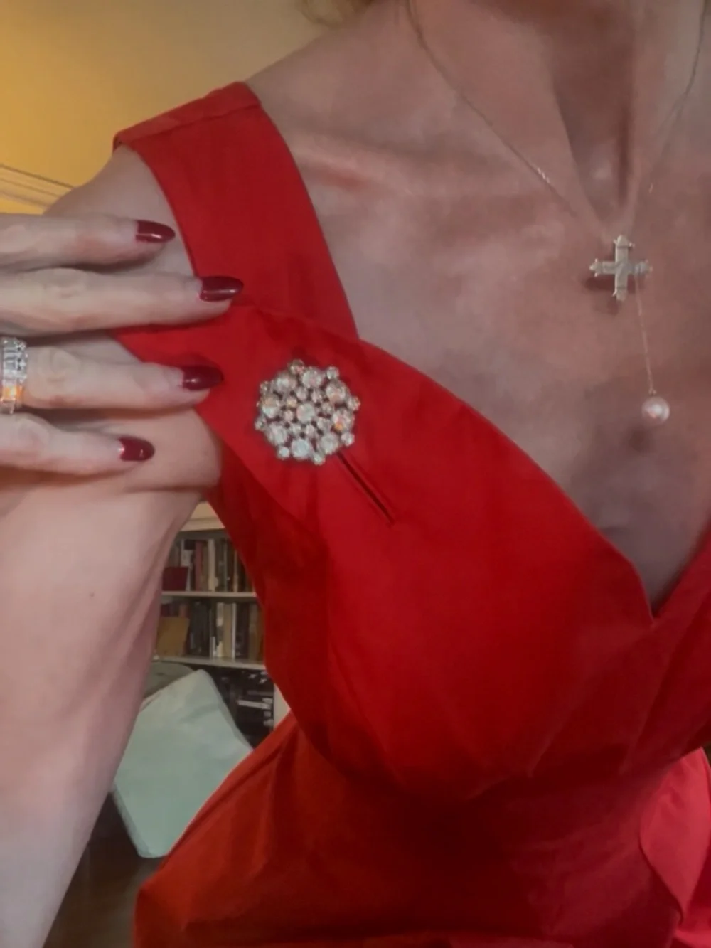 Vintage Red 1950s Dress with Rhinestone Cluster Brooch buttons - Picture 1 of 12